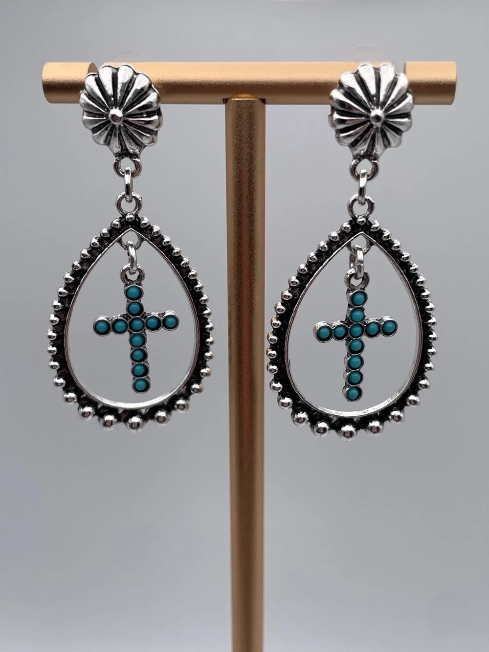 Silver Water Drop Turquoise Cross Drop Earrings Stainless Steel